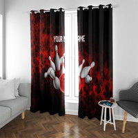 Red Bowling Ball and Pins Design Window Curtain with Fiery Smoke Background and Custom Team Name Text - Wonder Print Shop