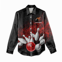Red Bowling Ball and Pins Design Women Casual Shirt with Fiery Smoke Background and Custom Team Name Text - Wonder Print Shop