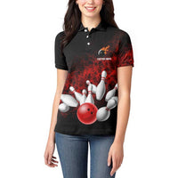 Red Bowling Ball and Pins Design Women Polo Shirt with Fiery Smoke Background and Custom Team Name Text - Wonder Print Shop
