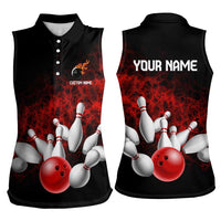 Red Bowling Ball and Pins Design Women Sleeveless Polo Shirt with Fiery Smoke Background and Custom Team Name Text - Wonder Print Shop