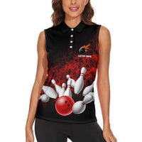 Red Bowling Ball and Pins Design Women Sleeveless Polo Shirt with Fiery Smoke Background and Custom Team Name Text - Wonder Print Shop