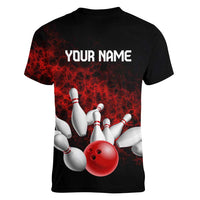 Red Bowling Ball and Pins Design Women V-Neck T-Shirt with Fiery Smoke Background and Custom Team Name Text - Wonder Print Shop