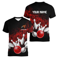 Red Bowling Ball and Pins Design Women V-Neck T-Shirt with Fiery Smoke Background and Custom Team Name Text - Wonder Print Shop