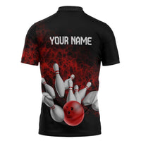 Red Bowling Ball and Pins Design Zipper Polo Shirt with Fiery Smoke Background and Custom Team Name Text - Wonder Print Shop