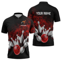 Red Bowling Ball and Pins Design Zipper Polo Shirt with Fiery Smoke Background and Custom Team Name Text - Wonder Print Shop