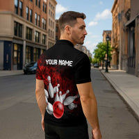 Red Bowling Ball and Pins Design Zipper Polo Shirt with Fiery Smoke Background and Custom Team Name Text - Wonder Print Shop