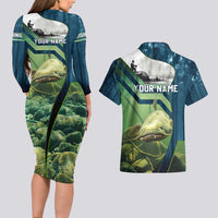 Catfish and Underwater Scene Design Couples Matching Long Sleeve Bodycon Dress and Hawaiian Shirt with Forest Background and Fishing Theme Elements - Wonder Print Shop