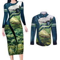 Catfish and Underwater Scene Design Couples Matching Long Sleeve Bodycon Dress and Long Sleeve Button Shirt with Forest Background and Fishing Theme Elements - Wonder Print Shop