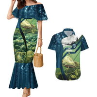 Catfish and Underwater Scene Design Couples Matching Mermaid Dress and Hawaiian Shirt with Forest Background and Fishing Theme Elements - Wonder Print Shop