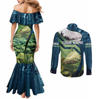 Catfish and Underwater Scene Design Couples Matching Mermaid Dress and Long Sleeve Button Shirt with Forest Background and Fishing Theme Elements - Wonder Print Shop