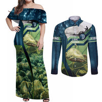 Catfish and Underwater Scene Design Couples Matching Off Shoulder Maxi Dress and Long Sleeve Button Shirt with Forest Background and Fishing Theme Elements - Wonder Print Shop