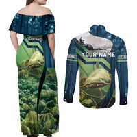 Catfish and Underwater Scene Design Couples Matching Off Shoulder Maxi Dress and Long Sleeve Button Shirt with Forest Background and Fishing Theme Elements - Wonder Print Shop