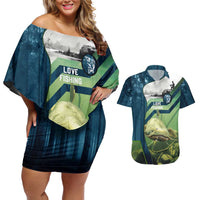Catfish and Underwater Scene Design Couples Matching Off Shoulder Short Dress and Hawaiian Shirt with Forest Background and Fishing Theme Elements - Wonder Print Shop