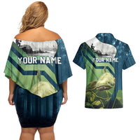 Catfish and Underwater Scene Design Couples Matching Off Shoulder Short Dress and Hawaiian Shirt with Forest Background and Fishing Theme Elements - Wonder Print Shop