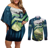 Catfish and Underwater Scene Design Couples Matching Off Shoulder Short Dress and Long Sleeve Button Shirt with Forest Background and Fishing Theme Elements - Wonder Print Shop