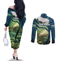Catfish and Underwater Scene Design Couples Matching Off The Shoulder Long Sleeve Dress and Long Sleeve Button Shirt with Forest Background and Fishing Theme Elements - Wonder Print Shop