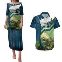 Catfish and Underwater Scene Design Couples Matching Puletasi and Hawaiian Shirt with Forest Background and Fishing Theme Elements - Wonder Print Shop