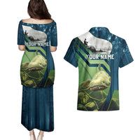 Catfish and Underwater Scene Design Couples Matching Puletasi and Hawaiian Shirt with Forest Background and Fishing Theme Elements - Wonder Print Shop