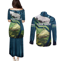 Catfish and Underwater Scene Design Couples Matching Puletasi and Long Sleeve Button Shirt with Forest Background and Fishing Theme Elements - Wonder Print Shop