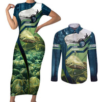 Catfish and Underwater Scene Design Couples Matching Short Sleeve Bodycon Dress and Long Sleeve Button Shirt with Forest Background and Fishing Theme Elements - Wonder Print Shop