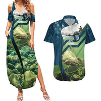Catfish and Underwater Scene Design Couples Matching Summer Maxi Dress and Hawaiian Shirt with Forest Background and Fishing Theme Elements - Wonder Print Shop