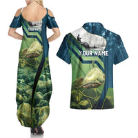 Catfish and Underwater Scene Design Couples Matching Summer Maxi Dress and Hawaiian Shirt with Forest Background and Fishing Theme Elements - Wonder Print Shop