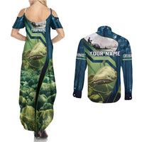 Catfish and Underwater Scene Design Couples Matching Summer Maxi Dress and Long Sleeve Button Shirt with Forest Background and Fishing Theme Elements - Wonder Print Shop