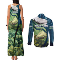 Catfish and Underwater Scene Design Couples Matching Tank Maxi Dress and Long Sleeve Button Shirt with Forest Background and Fishing Theme Elements - Wonder Print Shop