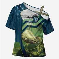 Catfish and Underwater Scene Design Cross Shoulder Shirt with Forest Background and Fishing Theme Elements - Wonder Print Shop