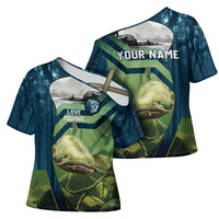 Catfish and Underwater Scene Design Cross Shoulder Shirt with Forest Background and Fishing Theme Elements - Wonder Print Shop