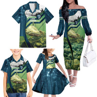 Catfish and Underwater Scene Design Family Matching Off The Shoulder Long Sleeve Dress and Hawaiian Shirt with Forest Background and Fishing Theme Elements - Wonder Print Shop