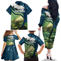 Catfish and Underwater Scene Design Family Matching Off The Shoulder Long Sleeve Dress and Hawaiian Shirt with Forest Background and Fishing Theme Elements - Wonder Print Shop