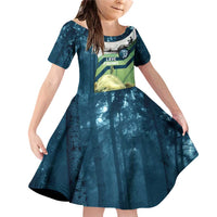 Catfish and Underwater Scene Design Family Matching Off Shoulder Short Dress and Hawaiian Shirt with Forest Background and Fishing Theme Elements - Wonder Print Shop