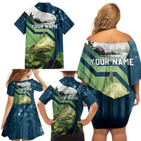 Catfish and Underwater Scene Design Family Matching Off Shoulder Short Dress and Hawaiian Shirt with Forest Background and Fishing Theme Elements - Wonder Print Shop