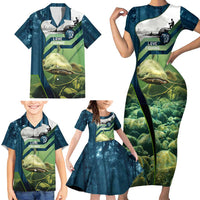Catfish and Underwater Scene Design Family Matching Short Sleeve Bodycon Dress and Hawaiian Shirt with Forest Background and Fishing Theme Elements - Wonder Print Shop