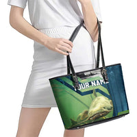 Catfish and Underwater Scene Design Leather Tote Bag with Forest Background and Fishing Theme Elements - Wonder Print Shop