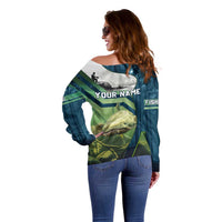 Catfish and Underwater Scene Design Off Shoulder Sweater with Forest Background and Fishing Theme Elements - Wonder Print Shop