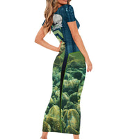 Catfish and Underwater Scene Design Short Sleeve Bodycon Dress with Forest Background and Fishing Theme Elements - Wonder Print Shop