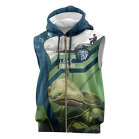 Catfish and Underwater Scene Design Sleeveless Zip Hoodie with Forest Background and Fishing Theme Elements - Wonder Print Shop