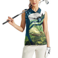 Catfish and Underwater Scene Design Women Sleeveless Polo Shirt with Forest Background and Fishing Theme Elements - Wonder Print Shop