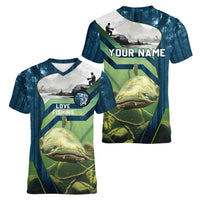 Catfish and Underwater Scene Design Women V-Neck T-Shirt with Forest Background and Fishing Theme Elements - Wonder Print Shop