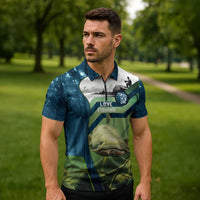 Catfish and Underwater Scene Design Zipper Polo Shirt with Forest Background and Fishing Theme Elements - Wonder Print Shop