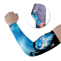 Blue Flame Bowling Ball and Pins Design Arm Sleeves with Smoke Effects and Custom Team Name Text - Wonder Print Shop