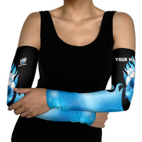 Blue Flame Bowling Ball and Pins Design Arm Sleeves with Smoke Effects and Custom Team Name Text - Wonder Print Shop
