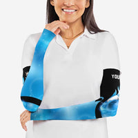 Blue Flame Bowling Ball and Pins Design Arm Sleeves with Smoke Effects and Custom Team Name Text - Wonder Print Shop