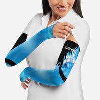 Blue Flame Bowling Ball and Pins Design Arm Sleeves with Smoke Effects and Custom Team Name Text - Wonder Print Shop