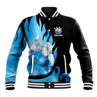 Blue Flame Bowling Ball and Pins Design Baseball Jacket with Smoke Effects and Custom Team Name Text - Wonder Print Shop