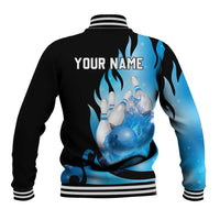 Blue Flame Bowling Ball and Pins Design Baseball Jacket with Smoke Effects and Custom Team Name Text - Wonder Print Shop