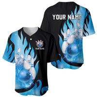 Blue Flame Bowling Ball and Pins Design Baseball Jersey with Smoke Effects and Custom Team Name Text - Wonder Print Shop