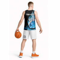 Blue Flame Bowling Ball and Pins Design Basketball Jersey with Smoke Effects and Custom Team Name Text - Wonder Print Shop